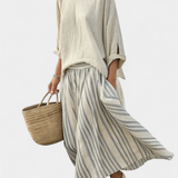 Casual Daisy szett Oversize Pólóval és Midi Szoknyával Leni Bambusz Szalagokkal Elegáns és Kényelmes Stílushoz