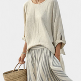 Casual Daisy szett Oversize Pólóval és Midi Szoknyával Leni Bambusz Szalagokkal Elegáns és Kényelmes Stílushoz